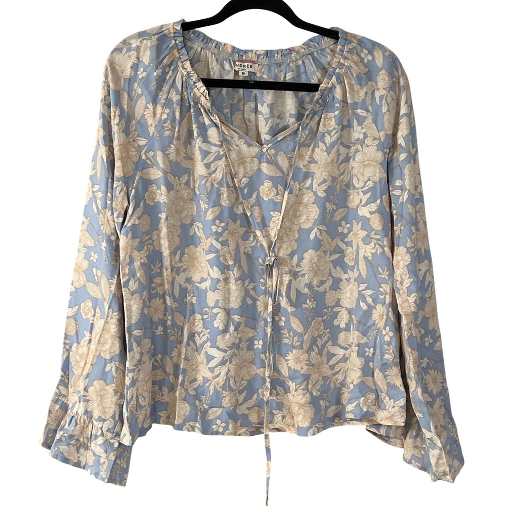 Andree Pastel Blue Cream‎ Floral Medium Blouse Flutter Sleeve Cottagecore Granny